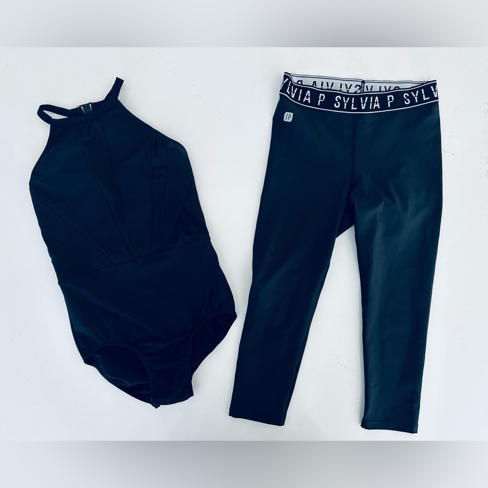 Black every turn leotard and Sylvia P cropped leggings
